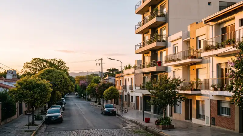 Calle residencial con edificios y árboles