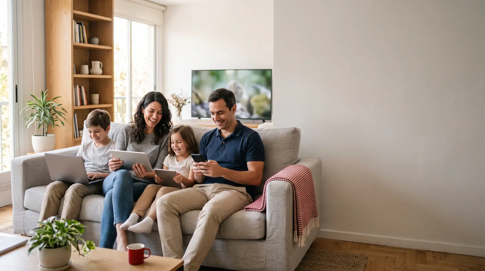Familia usando tablet, celular y notebook al mismo tiempo en el living