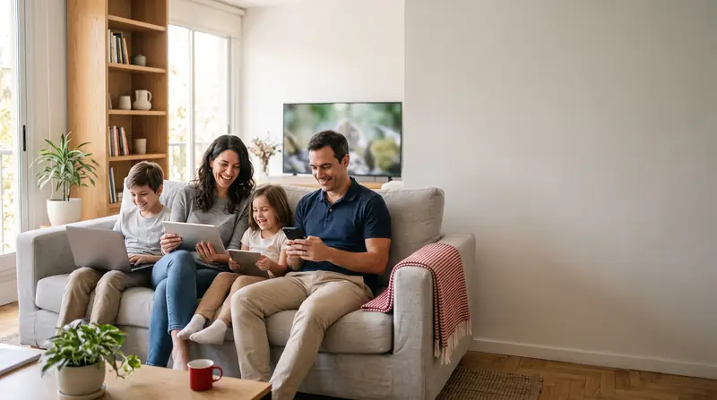 Familia usando tablet, celular y notebook al mismo tiempo en el living