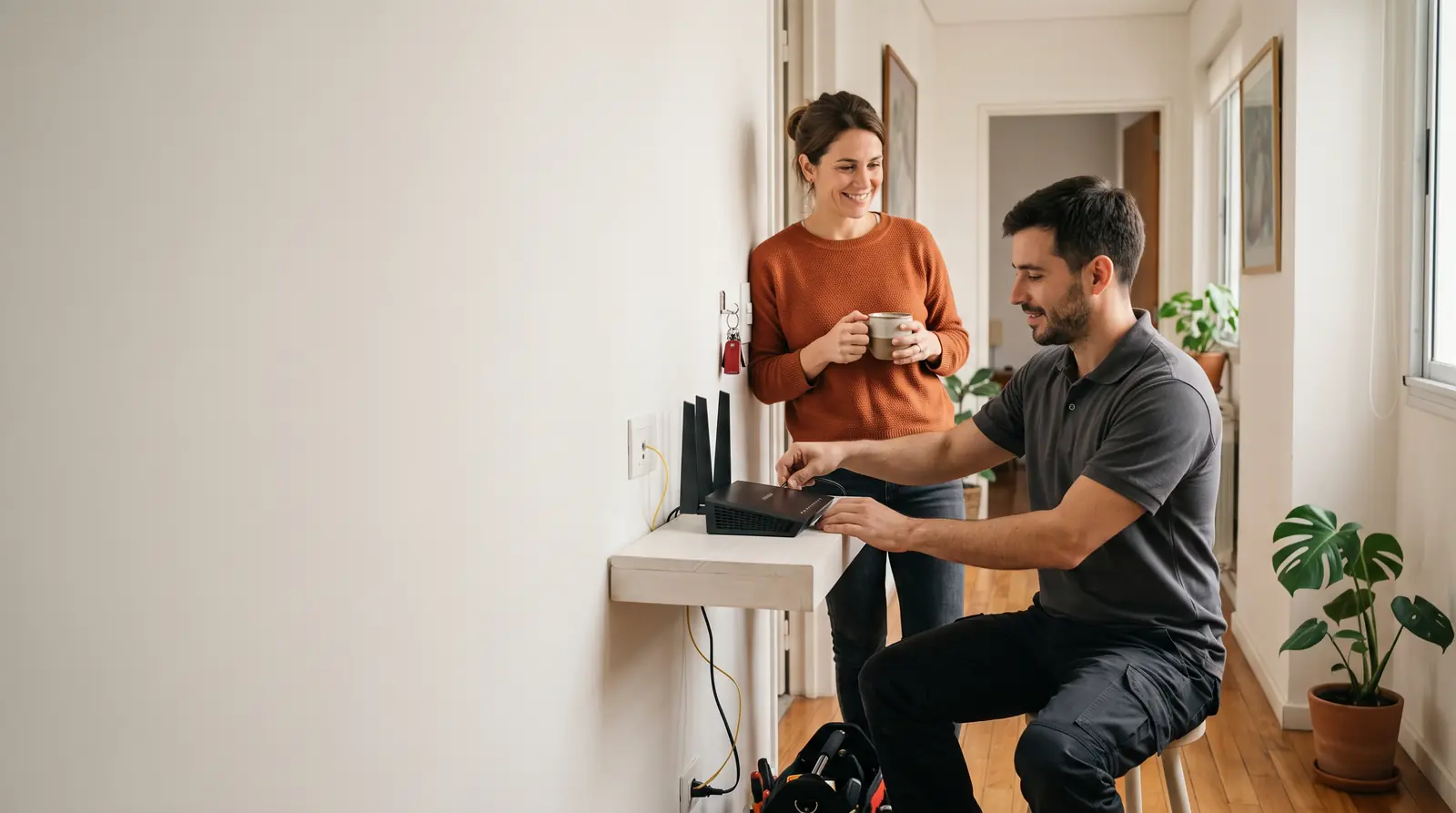 Técnico terminando la instalación del módem WiFi en un departamento