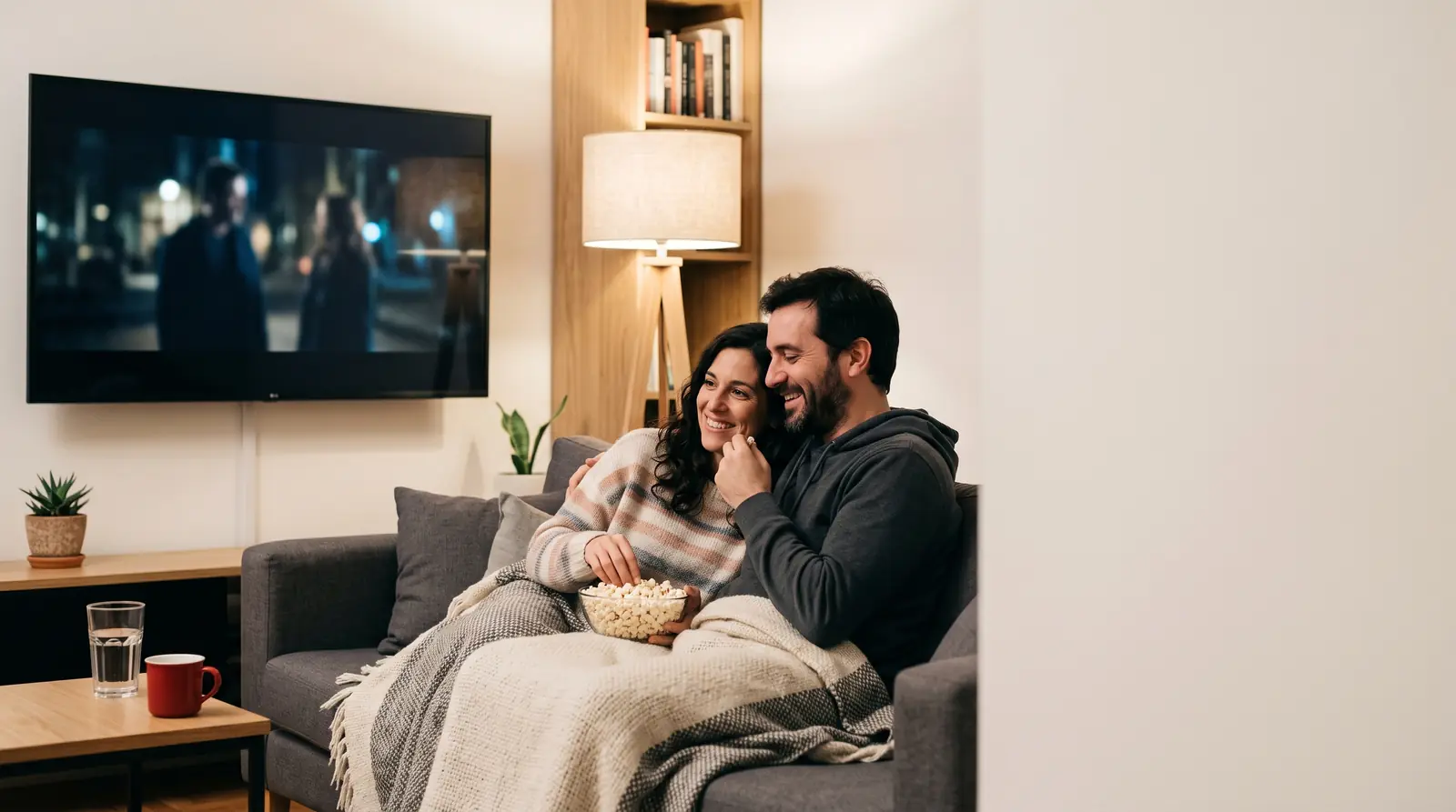 Pareja mirando una serie en el televisor del living