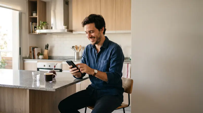 Hombre escribiendo un mensaje de WhatsApp desde la cocina de su casa